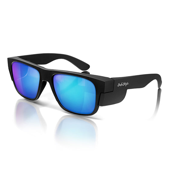Fusions Matte Black Frame Mirrors Blue Polarized Lens Safety Glasses